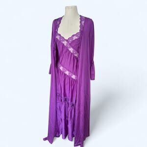 Vintage Henson Knickernick Peignoir Lace Maxi Nightgown Sexy Robe Set Purple M